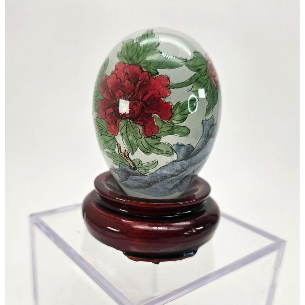 Hand-Painted Floral & Bird Glass Egg Paperweight With Wooden Stand je212